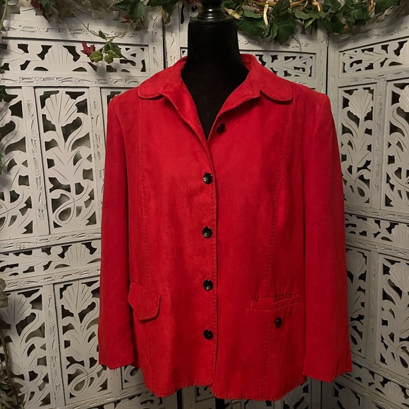 Jackets & Blazers - VINTAGE ALFRED DUNNER FASHIONABLE FAUX RED SUEDE BUTTON UP LONG SLEEVE JACKET